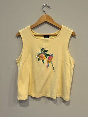 Tara Vanessa Butter Yellow Embroidered Bird Tank Top – Beaded Floral Detail – XL